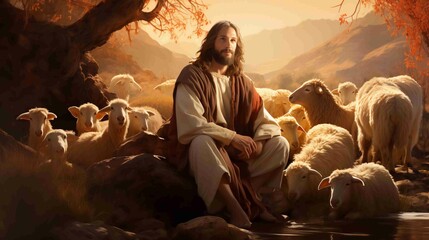 A scene of Jesus feeding sheep by a restful water - obrazy, fototapety, plakaty