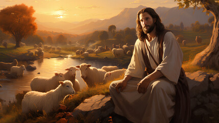 A scene of Jesus feeding sheep by a restful water