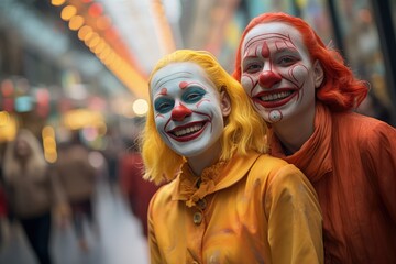 Street Carnival Elegance: Cheerful Clown Duo in Vibrant Yellow and Red