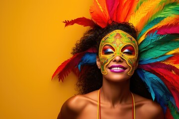 Vibrant Carnival Elegance: Woman in Feathered Mask on Yellow