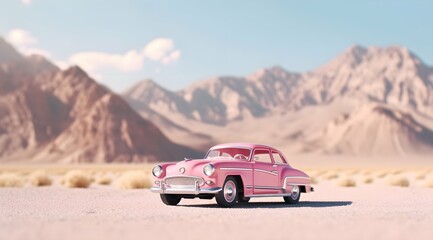 Fototapeta na wymiar Classic american pink car in desert background