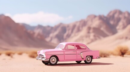 Fototapeta na wymiar Classic american pink car in desert background