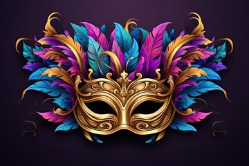 Opulent Carnival Splendor: Golden, Blue, and Red Mask on Black