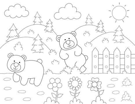 easy animal coloring page for kids. cute bears in nature. you can print it on standard 8.5x11 inch paper