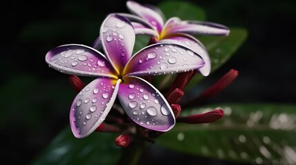 Frangipani flowers with water droplets on petals. Springtime Concept. Valentine's Day Concept with a Copy Space. Mother's Day.