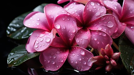 Pink frangipani flowers with water drops on black background. Springtime Concept. Valentine's Day Concept with a Copy Space. Mother's Day.
