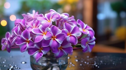 Bouquet of purple frangipani flowers on wooden table in cafe. Springtime Concept. Valentine's Day Concept with a Copy Space. Mother's Day.