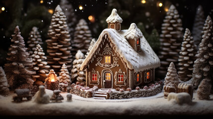 Festive Gingerbread House Scene in the Snowy Landscape