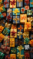 Gift boxes with ribbons, top view, close-up.
