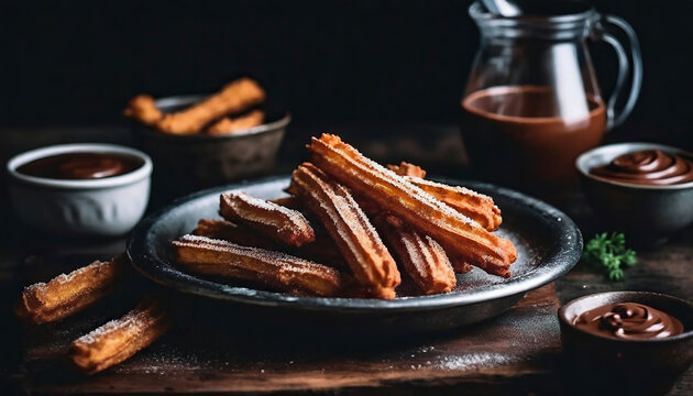 Churros with chocolate. Table top,  Dark mood. 