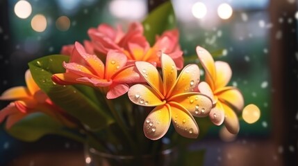 Frangipani flowers in vase with bokeh background. Springtime Concept. Valentine's Day Concept with a Copy Space. Mother's Day.