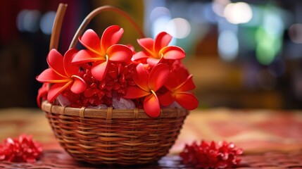 Red Plumeria flowers in a basket on a table in a restaurant. Springtime Concept. Valentine's Day Concept with a Copy Space. Mother's Day.