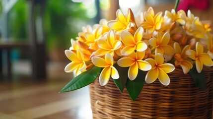 frangipani flowers in basket on wooden table. Springtime Concept. Valentine's Day Concept with a Copy Space. Mother's Day.