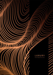 Luxury template with golden wavy linear pattern. Line art. Gold waves on black background. Poster with geometric texture with shiny curves. Banner with abstract striped texture. Surface distortion