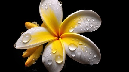 Frangipani flower with water droplets isolated on black background. Springtime Concept. Valentine's Day Concept with a Copy Space. Mother's Day.
