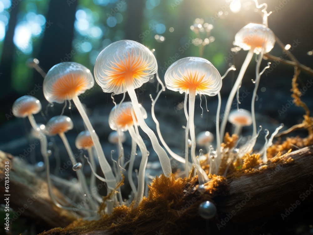 Aufkleber a close-up of a bunch of mushrooms on a log. generative ai.