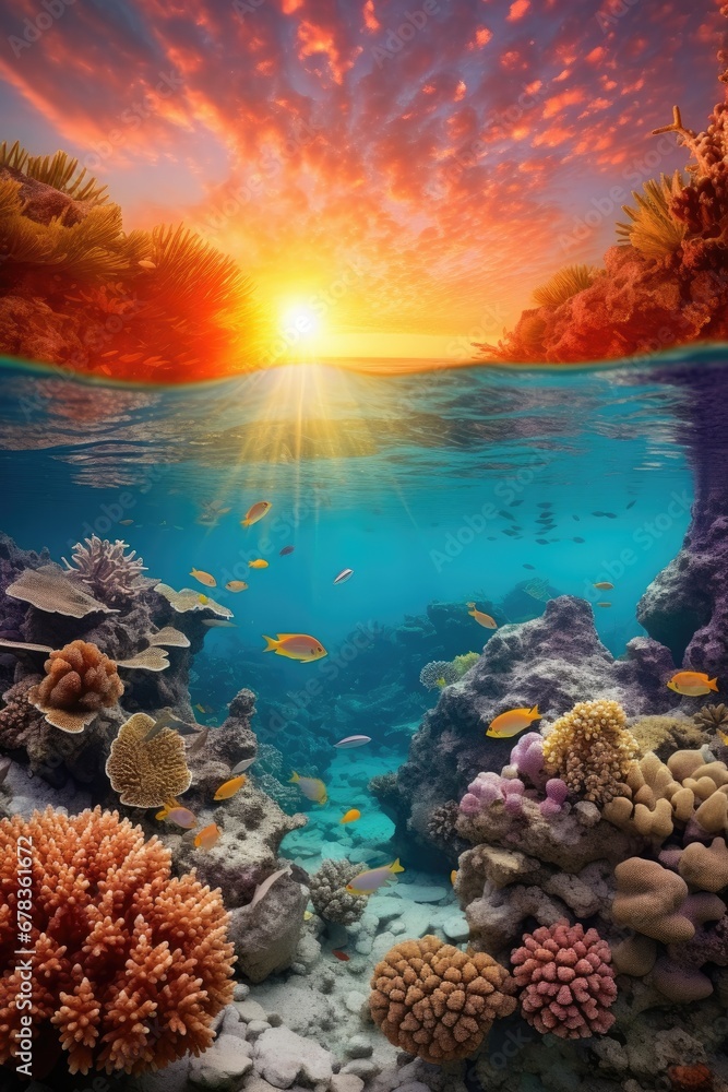 Poster A coral reef with a sunset in the background. Generative AI.