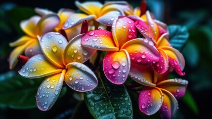 Frangipani or Plumeria flowers with water drops after rain. Springtime Concept. Valentine's Day Concept with a Copy Space. Mother's Day.