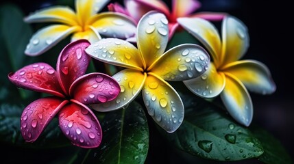 Frangipani flowers with water drops on the petals. Springtime Concept. Valentine's Day Concept with a Copy Space. Mother's Day.