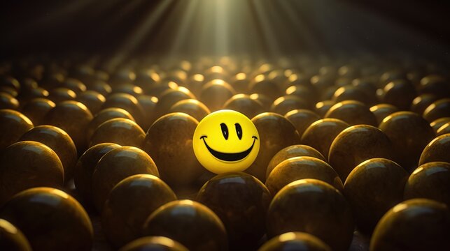 Naklejki Close-up of cheerful yellow emojis placed among other emojis symbolizing positivity and joy
