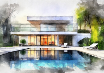 Illustration of a modern house with swimming pool