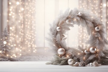 frosted Christmas wreath with silver baubles on a white wooden table with a blurred snowy background