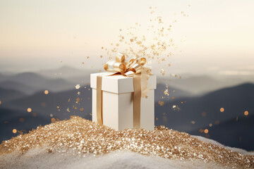 white gift box with a gold ribbon sits on a pile of gold glitter with a mountainous background - obrazy, fototapety, plakaty