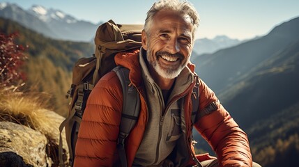 Concepto de hombre de mediana edad disfrutando del paisaje de montaña. Generado por IA. - obrazy, fototapety, plakaty