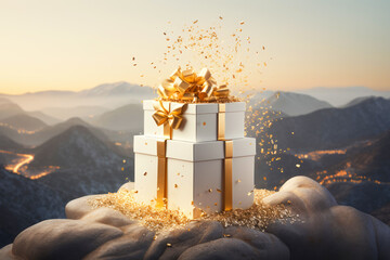 white gift box with a gold bow on top, with a blurred mountain range landscape in the background