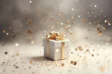 white gift box with a golden bow and confetti falling around it - obrazy, fototapety, plakaty