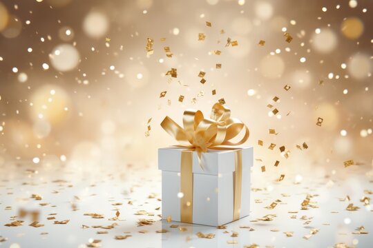 white gift box with a golden ribbon and confetti on a blurred bokeh background