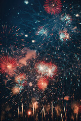 Fototapeta premium Colorful fireworks with bokeh effect on dark sky background.