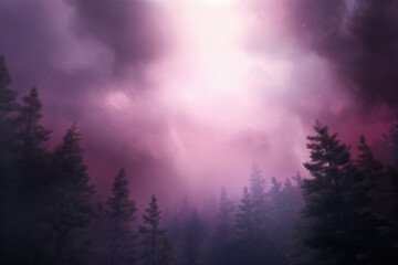 Fototapeta premium Silhouetted pine trees under a starry, purple twilight dramatic sky