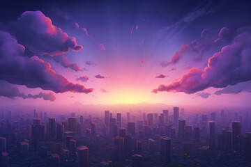 aerial view of a cityscape under a dramatic twilight sky - obrazy, fototapety, plakaty