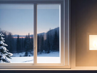 Winter landscape with window. Snow covered window. Generative AI