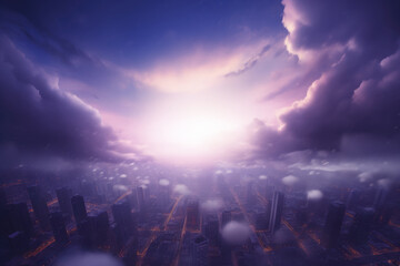 aerial view of a cityscape under a dramatic twilight sky