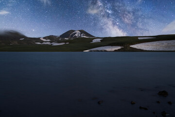Beautiful night landscape, small lake and snow covered mountains in the night. Bright milky way...