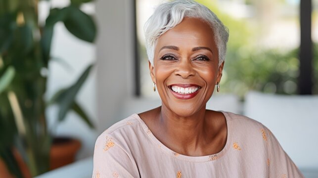 Beautiful gorgeous 50s mid age beautiful elderly senior model black woman at home with grey hair laughing and smiling. Mature old lady close up portrait, generative ai