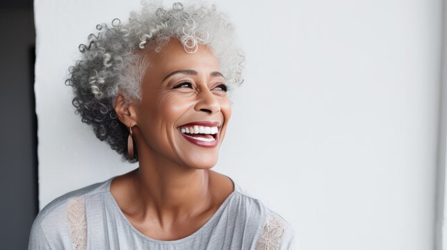 Beautiful Gorgeous 50s Mid Age Beautiful Elderly Senior Model Black Woman At Home With Grey Hair Laughing And Smiling. Mature Old Lady Close Up Portrait, Generative Ai