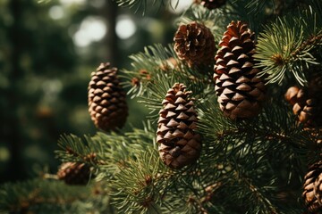 Close up of pine cones amid vibrant green needles, blurred green forest trees background