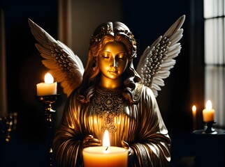 Gold statue of an angel  in the Church with candles and dim light; peceful enviroment