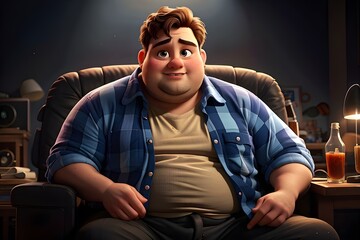 Obese 3D character sitting in his chair watching TV