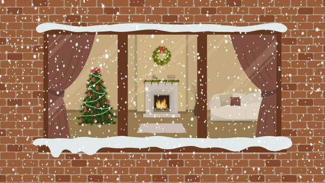 Christmas animation. Snowing. Window on the brick wall. View of the living room from the street side. Fire burning in the fireplace. Living room, decorated with Christmas decoration