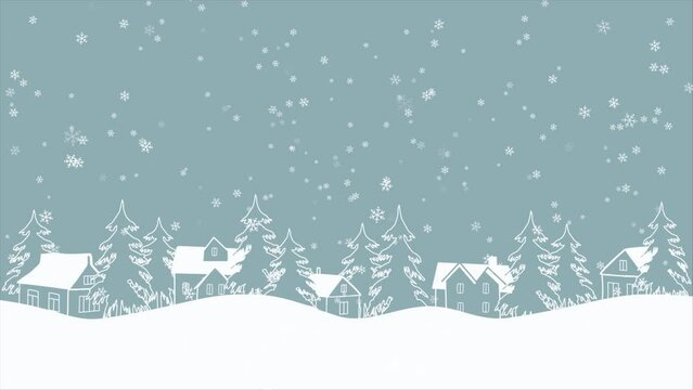 Christmas animation. Winter 
landscape. White silhouettes of houses and fir trees under snowfall on light blue background