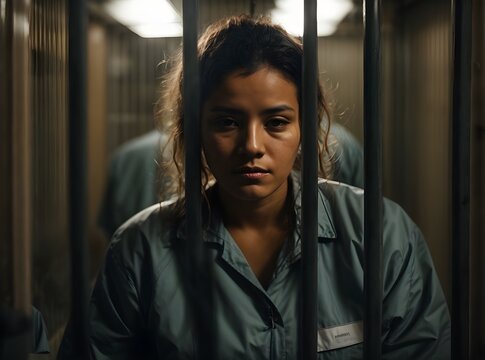 Sad female prisoner in jail