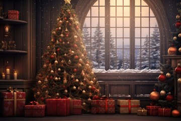 Cozy Christmas Scene, A beautifully decorated Christmas tree with presents underneath, set against a snowy window