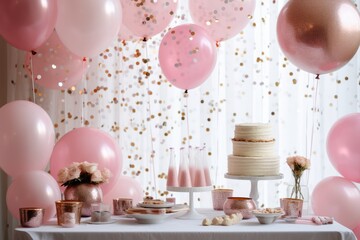 birthday table adorned with pink and white balloons, sparkling confetti backdrop, rose gold accented tableware and decorations