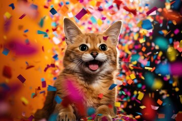 excited orange tabby cat sits amidst a shower of colorful confetti, its wide eyes and joyful expression conveying a sense of festivity and fun