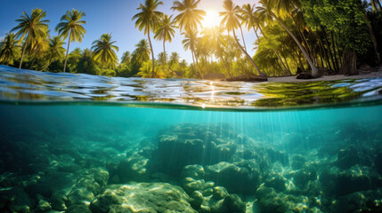 Fototapeta na wymiar Split View of Tropical Paradise - Above and Below Water