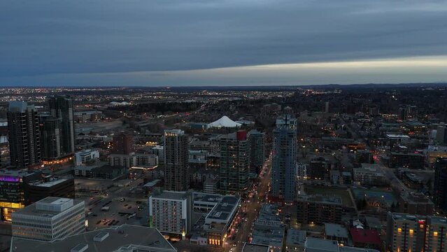 View of Calgary's downtown skyline at dusk. 